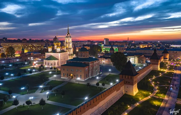 Picture the city, wall, the evening, lighting, lights, temple, The Kremlin, Tula