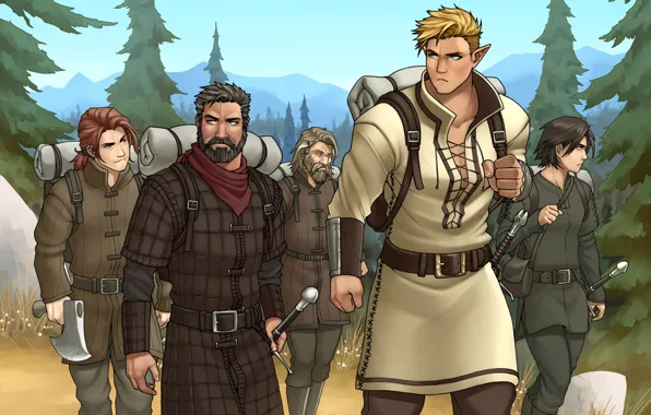 Forest, elf, sword, male, beard, backpack, hike, squad