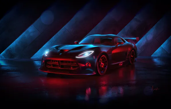 Auto, Machine, Dodge, Viper, Dodge Viper, Neon, Rendering, Illustration