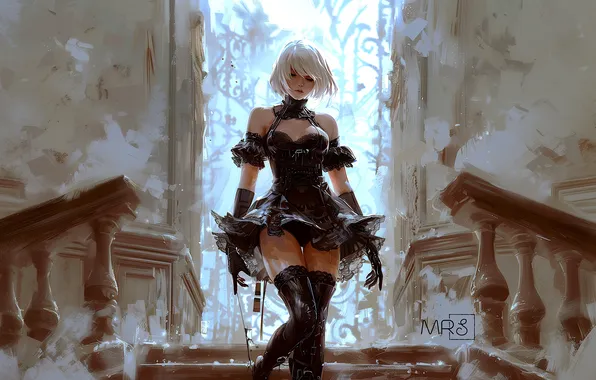 Girl, fantasy, short hair, Nier, artwork, fantasy art, skirt, boots