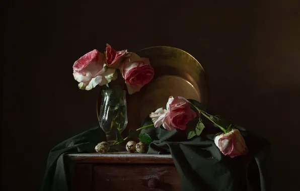 Flowers, table, roses, eggs, dishes, still life, basin