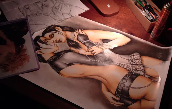 Table, girls, photo, figure, pencils, hugs, handle, spray