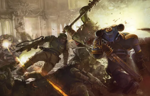 Picture fight, orcs, space Marines, Warhammer 40k, Imperial guard, Ultramarines