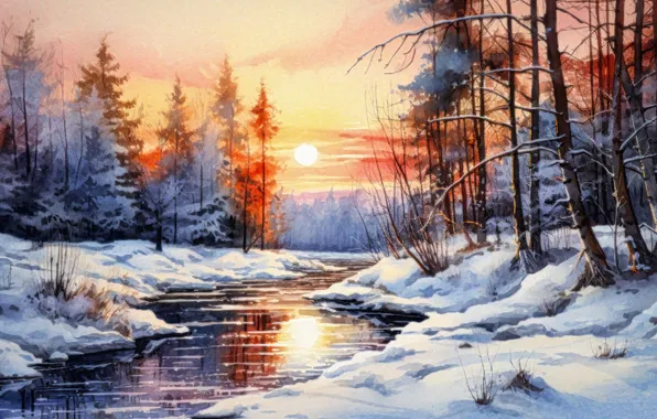 Winter, forest, snow, trees, landscape, nature, shore, picture