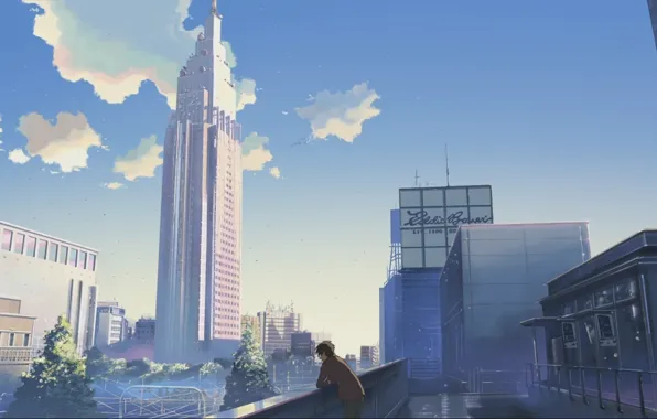 Picture the sky, the city, home, skyscrapers, Anime, guy, is, makoto sinkaj