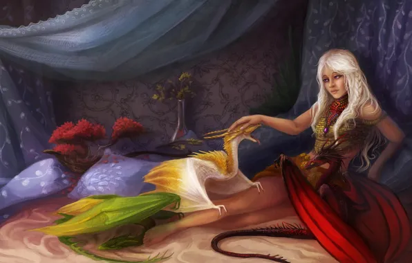 Girl, bed, dragons, pillow, fantasy, art, Game of Thrones, cubs