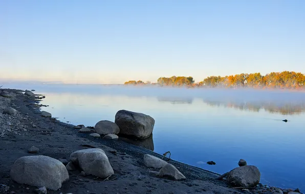 Picture autumn, the sky, trees, fog, lake, stones, dawn, morning