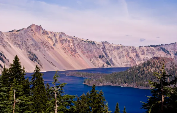 Forest, the sky, trees, landscape, mountains, lake, USA, Oregon