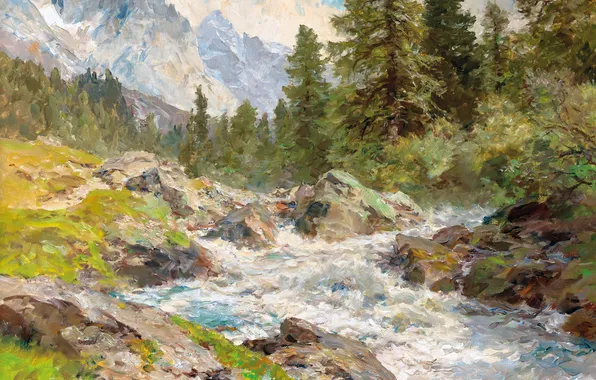 Mountains, Trees, Stream, Picture, Mountain stream, German landscape painter, Edward Harrison Compton, Edward Harrison Compton
