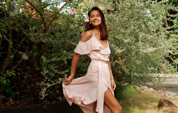 Picture girl, flower, dress, young, model, pretty, brunette, asian