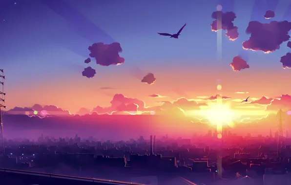 The sun, rays, birds, the city, dawn, graphics, home, morning