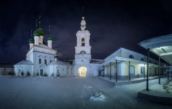 Picture winter, snow, night, the city, Church, temple, dome, the bell tower