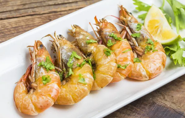 Greens, lemon, dish, salad, shrimp, wooden table