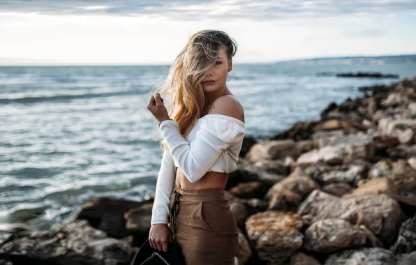 Sea, look, girl, nature, pose, the wind, blonde, Nicholas David Furnari