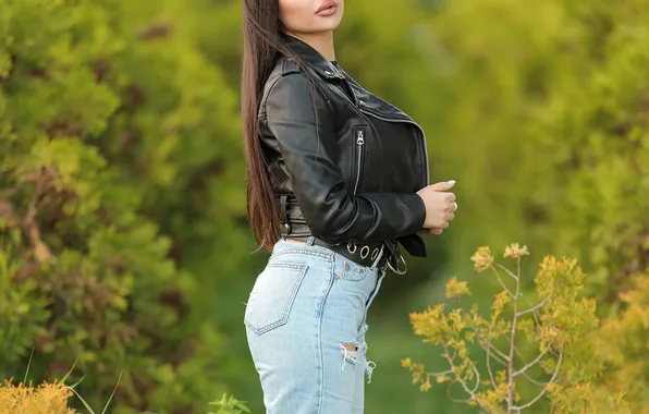 Jeans, Pose, Brunette, Jacket, Side