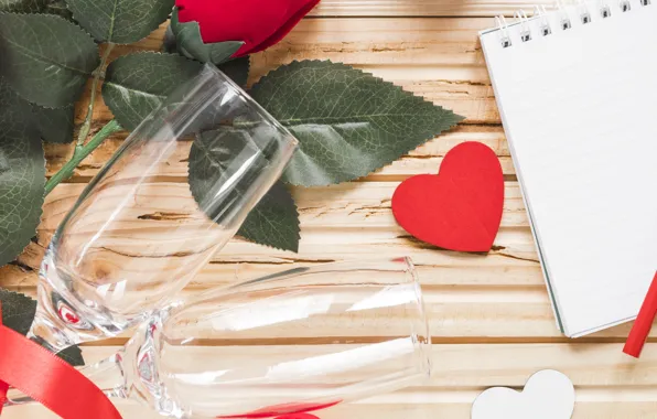 Glasses, Roses, Holiday, Valentine's day, Heart, Notepad