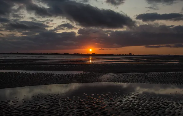 Sand, beach, the sky, the sun, clouds, sunset, clouds, reflection