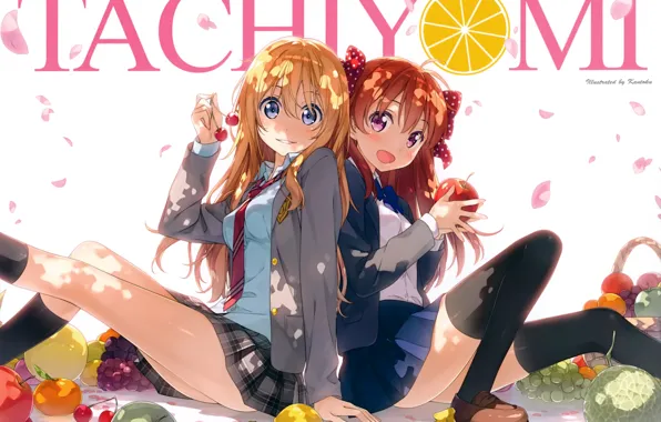 Apple, petals, tie, fruit, blue eyes, Schoolgirls, vegetables, back to back