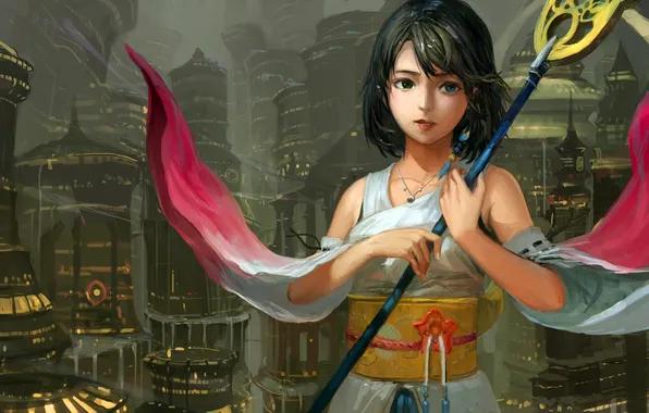 Girl, the city, art, staff, Yuna, Final Fantasy X, jeanex