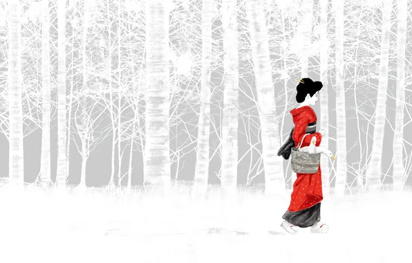Forest, girl, art, geisha, kimono, Asian, basket, geese