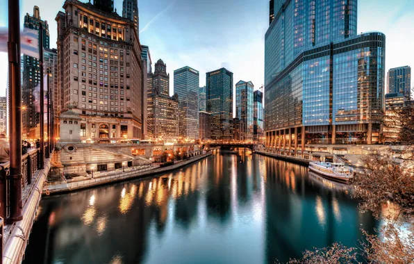 The city, river, skyscrapers, the evening, Chicago, Chicago, Illinois