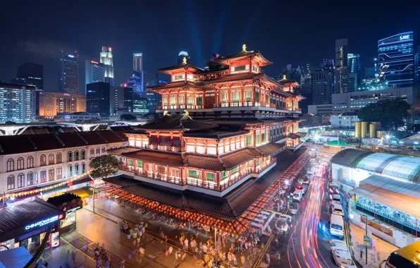 Building, Singapore, temple, Museum, night city, Singapore, Buddha Tooth Relic Temple and Museum