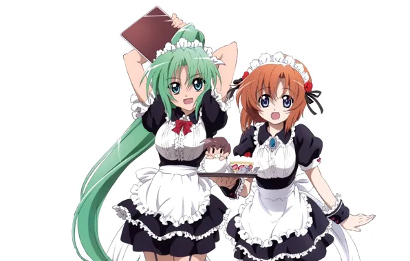 White background, green hair, uniform, dessert, tray, apron, ruffles, bezel