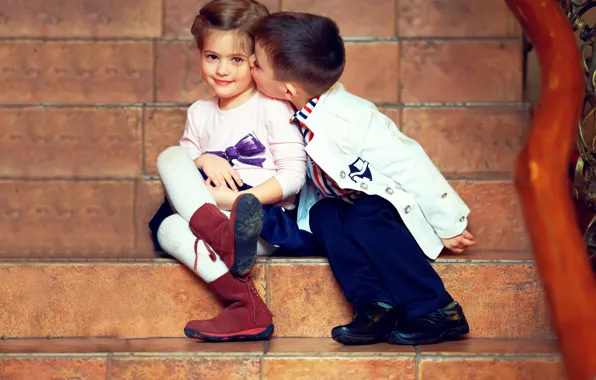 Picture children, tenderness, kiss, boy, girl, girl, friends, kiss