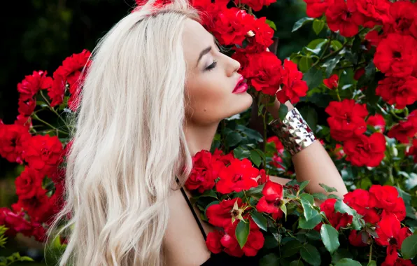 Girl, flowers, red, face, roses, makeup, garden, hairstyle