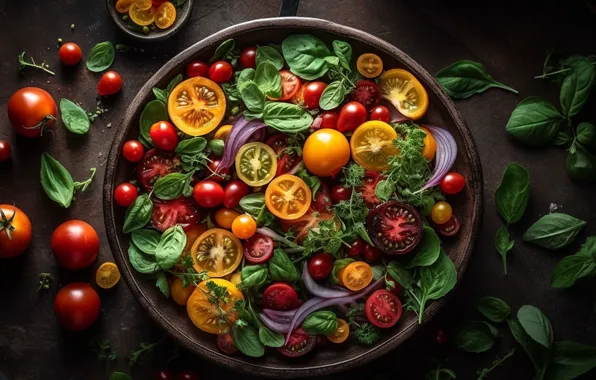 Greens, table, food, bow, bowl, placer, vegetables, tomatoes