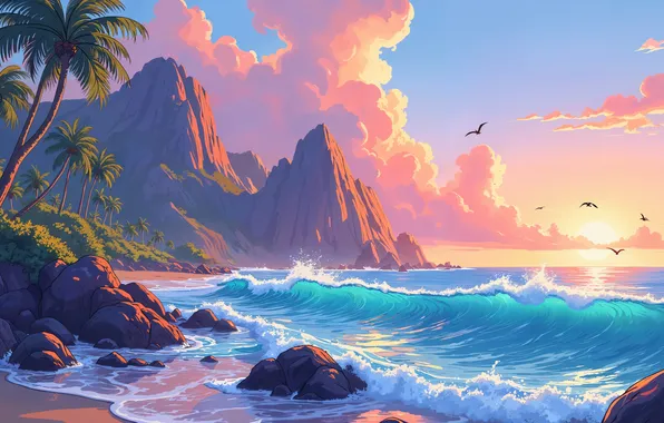 The sun, Sea, Mountains, Wave, Dawn, Palm trees, Seagulls, Coast