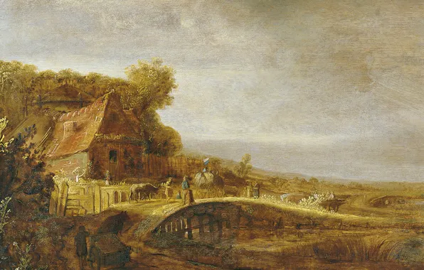 Picture landscape, home, picture, Govert Flinck, Landscape with a farm and a Bridge