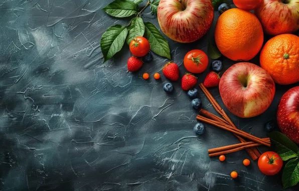 Leaves, berries, the dark background, apples, oranges, blueberries, strawberry, red