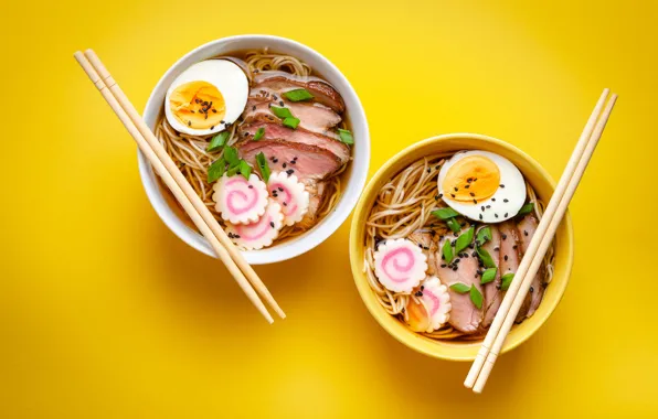 Two, food, eggs, sticks, meat, decoration, yellow background, submission
