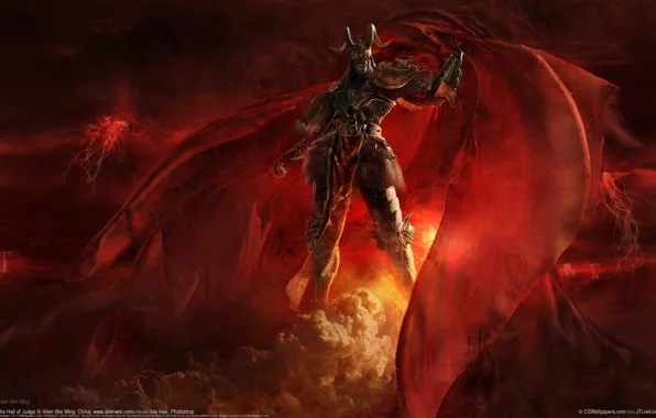 Picture red, fiction, monster, the demon, warrior, horns, cloak