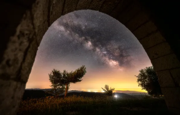 Trees, night, bridge, arch