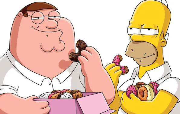Picture the simpsons, family guy, Homer, Peter Griffin, fat, donuts, Matt Groening