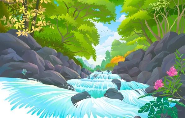 Picture flowers, river, stones