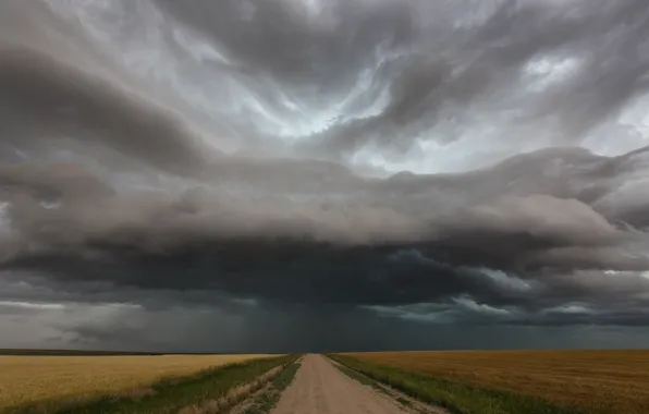 Road, field, rain, storm, horizon, storm, road, rain