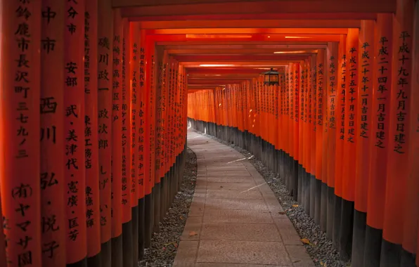 The inscription, posts, Japan, characters, tunnel, The tunnel of Red gates to the Shrine Fushimi …