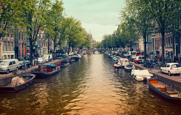 Picture nature, the city, river, people, boat, building, channel, cafe