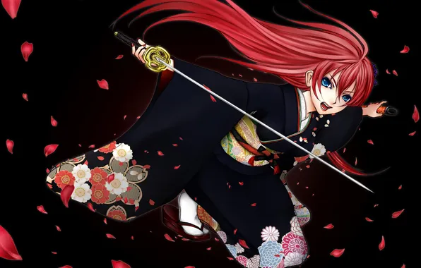 Picture girl, weapons, katana, petals, art, kimono, vocaloid, megurine luka