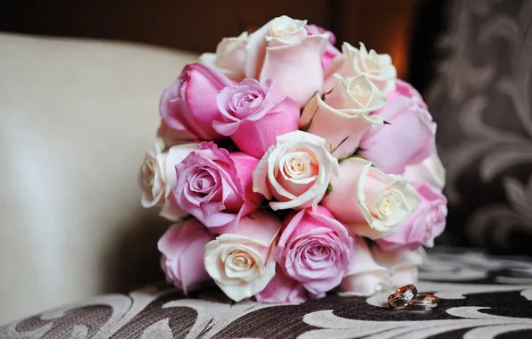 Flowers, roses, bouquet, ring, pink, wedding