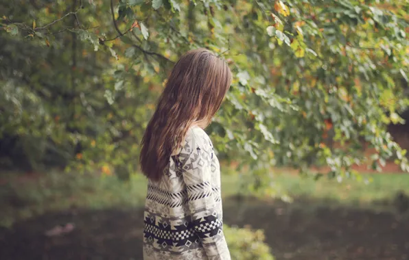 Picture leaves, girl, tree, brown hair