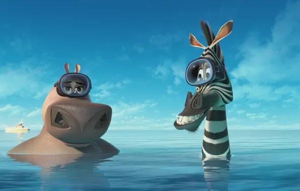 Picture sea, water, Zebra, Hippo, Madagascar 3