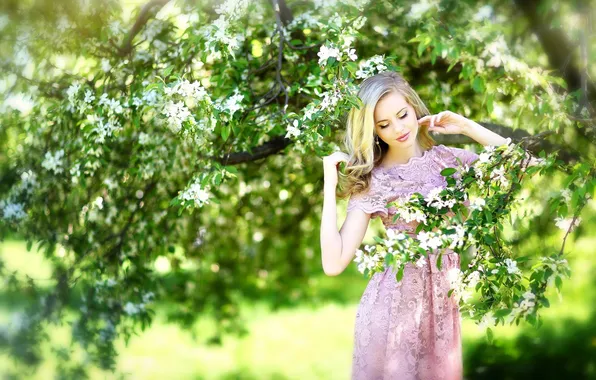 Picture trees, flowers, face, woman, spring, bokeh