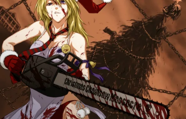 Picture blood, hat, tree, blonde, chain, tie, blue eyes, bells