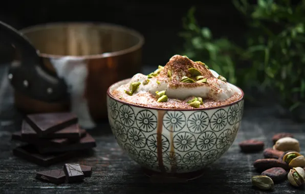 Chocolate, ice cream, dessert, wood, pistachios