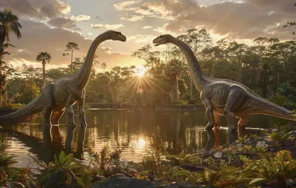 The sun, Trees, Dawn, Two, Animals, River, Digital art, Dinosaurs