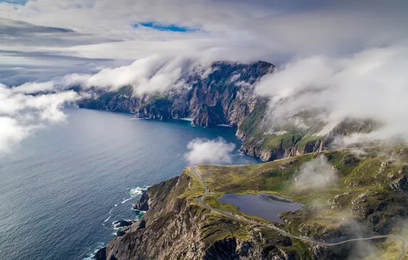 Road, sea, clouds, lake, stones, rocks, panorama, Bay